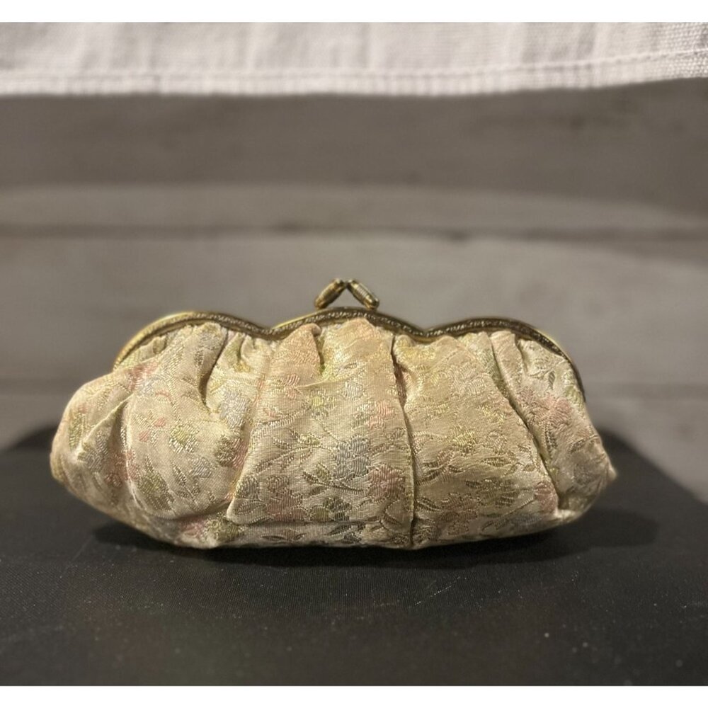 Vintage Brocade Gold Frame Clutch Purse With Satin Lining & Kiss Lock Closure